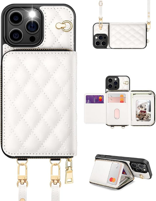 OCASE Compatible with iPhone 16 Pro Max Crossbody Wallet Case with Card Holder, PU Leather Zipper Handbag Phone Purse with RFID Blocking Kickstand Wrist Strap Lanyard 6.9 Inch, Diamond Check Cream