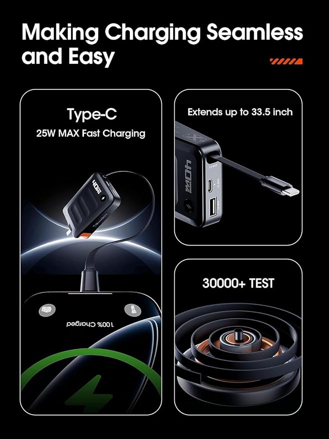 2026 ETODBUWS 3 in 1 GaN Charger,40W PD Fast Charging Blocks with Retractable Type C Cable and Dual Port Travel Charger,USB Chargers with Foldable Plug for iPhone 17/16/15,Galaxy,Pixel-Black