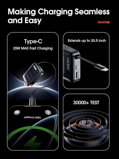 2026 ETODBUWS 3 in 1 GaN Charger,40W PD Fast Charging Blocks with Retractable Type C Cable and Dual Port Travel Charger,USB Chargers with Foldable Plug for iPhone 17/16/15,Galaxy,Pixel-Black