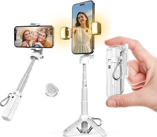 Portable Selfie Stick Tripod with Dual Fill Lights & Bluetooth Remote – 3-in-1 Pocket Size Phone Tripod with 2 Cold Shoe Mounts for iPhone Android – Mini Video Stand for Live Streaming