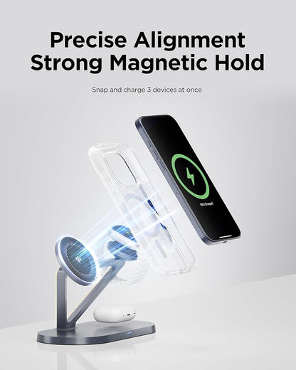 PISEN Mag-Safe Wireless Charger Stand - 3-in-1 Wireless Charging Station, Qi2 Certified 15W Mag-Safe Wireless Charger Stand with Night Light for iPhone 17/16/15/14/13/12 Series, Apple Watch, AirPods