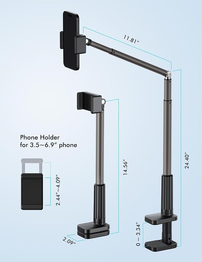 Viozon Phone Holder, Flexible Long Arm,Overhead Mount,360° Angle Adjustable,Aluminum Alloy, C Clamp for Headboard Bedside&Table&Desk,Compatible with 3.5"-6.9" Phone,iPhone 16 15Plus / Pro Max