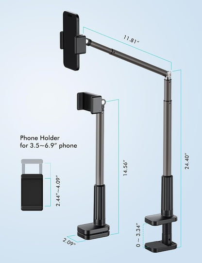 Viozon Phone Holder, Flexible Long Arm,Overhead Mount,360° Angle Adjustable,Aluminum Alloy, C Clamp for Headboard Bedside&Table&Desk,Compatible with 3.5"-6.9" Phone,iPhone 16 15Plus / Pro Max