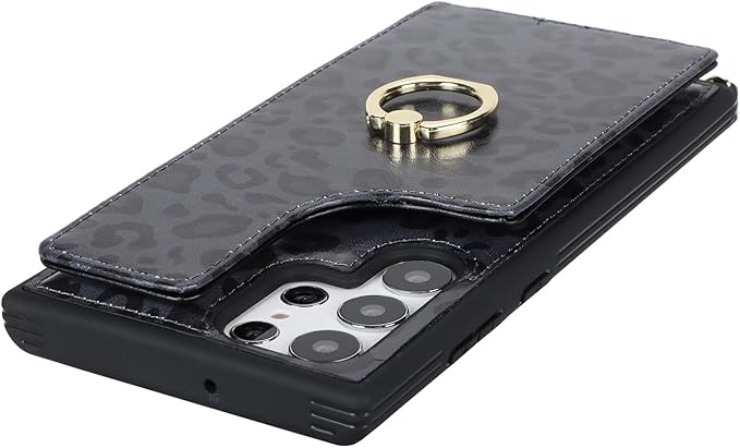 Lipvina for Samsung Galaxy S22 Ultra Case with Card Holder and Strap for Women,Crossbody Lanyard,RFID Blocking,Ring Stand,Snap Clasp,Cute Phone Wallet Cases 6.8 inch(Black Leopard)