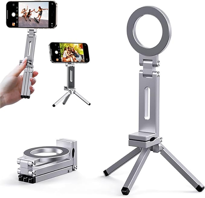Magnetic Tripod for iPhone 16/15/14/13/12 Plus Pro Max Series,Aluminium Mini Magnetic Phone Tripod for iPhone & MagSafes,360° Adjustable Magic Clip Folding Magnetic Phone Stand,1/4" Screw