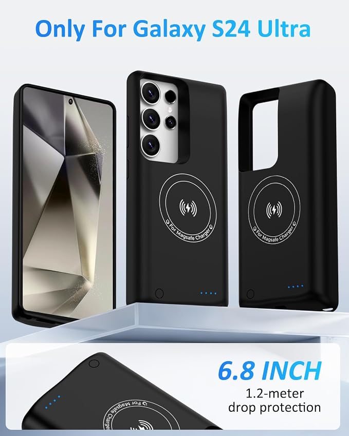 Battery Case for Samsung Galaxy S24 Ultra, 10000mAh Qi Wireless Charging Magnetic Rechargeable Extended Charge Case, Portable Protective Power Bank for Samsung S24 Ultra(6.8") Black