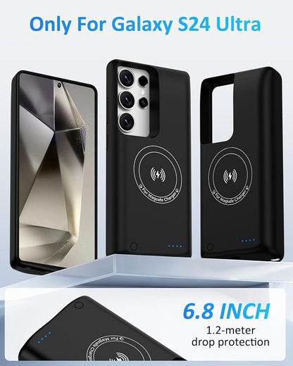 Battery Case for Samsung Galaxy S24 Ultra, 10000mAh Qi Wireless Charging Magnetic Rechargeable Extended Charge Case, Portable Protective Power Bank for Samsung S24 Ultra(6.8") Black