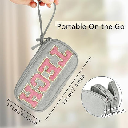 COSHAYSOO Electronics Accessories Organizer Bag with Chenille Letter Patch TECH for Women Travel Gifts, Traveling Essentials Compact Case Waterproof Must Have Pouch for Cord Charger Adapter (Gray)