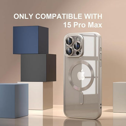 Misea Magnetic for iPhone 15 Pro Max Case [Never Yellowing] [Military Grade Drop Protection] Full Camera Lens Protector Soft Clear Phone Case for Women Girls, Titanium Natural