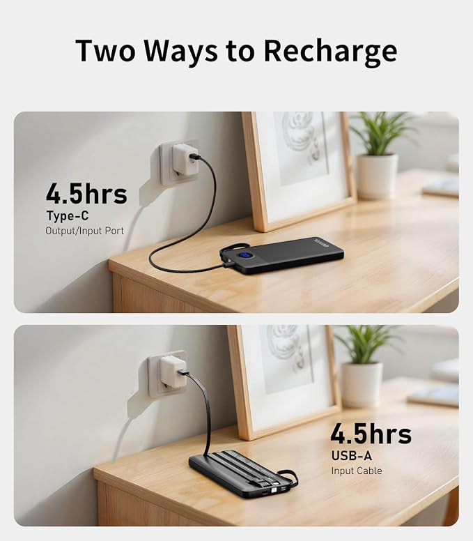 Portable Charger with Built in Cables, Slim 10000mAh Power Bank, USB C Battery Pack Travel, 4 Output 2 Input External Charging Bank for iPhone 17/16/15/14/13,Samsung, Android, etc-Black(1 Pack)