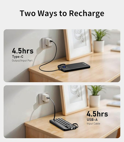 Portable Charger with Built in Cables, Slim 10000mAh Power Bank, USB C Battery Pack Travel, 4 Output 2 Input External Charging Bank for iPhone 17/16/15/14/13,Samsung, Android, etc-Black(1 Pack)