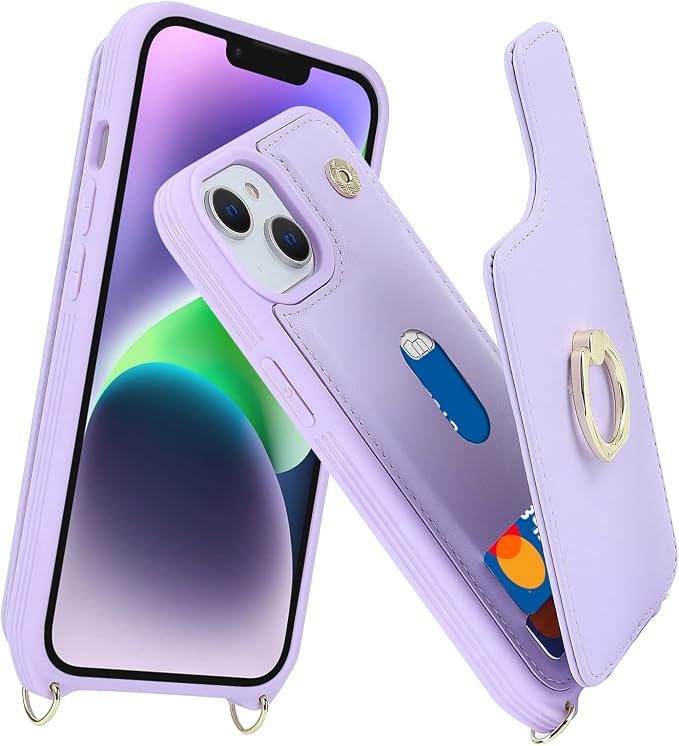 Lipvina for iPhone 13 Case with Card Holder for Women,Phone Case with Strap,Crossbody Lanyard,RFID Blocking,Ring Stand,Snap Clasp,Cute Wallet Cases for iPhone 13 6.1 inch(Purple)