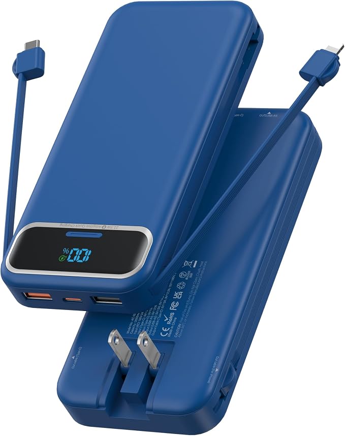 Nusyddy Portable Charger 12000mAh 22.5W w/Built-in Cables & Wall Plug Navy | 22.5W Fast Charging, LED Display, Pass Through Charging, TSA Approved, Portable & Slim, Power Bank for iPhone, iPad, Samsung