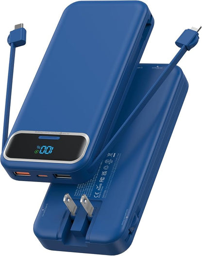 Nusyddy Portable Charger 12000mAh 22.5W w/Built-in Cables & Wall Plug Navy | 22.5W Fast Charging, LED Display, Pass Through Charging, TSA Approved, Portable & Slim, Power Bank for iPhone, iPad, Samsung