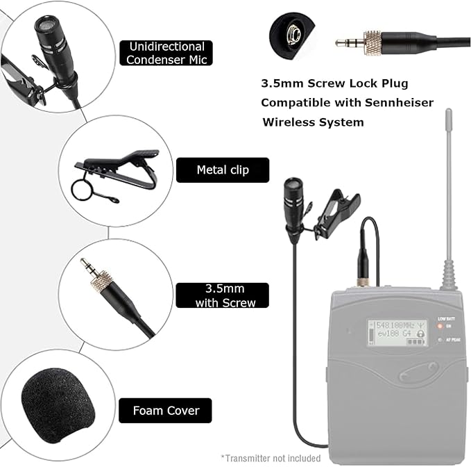 Lavalier Lapel Microphone Unidirectional Condenser Super Cardioid Mic Compatible with Sennheiser Wireless Bodypack Transmitter System with 3.5mm Female Screw Plug