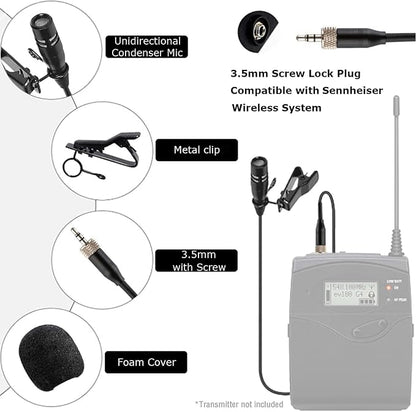 Lavalier Lapel Microphone Unidirectional Condenser Super Cardioid Mic Compatible with Sennheiser Wireless Bodypack Transmitter System with 3.5mm Female Screw Plug