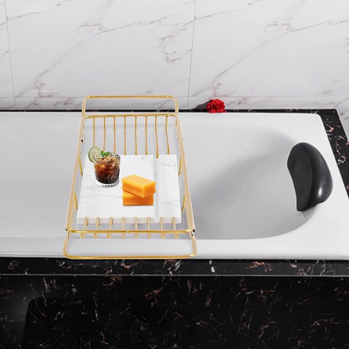 Expandable Bathtub Tray Caddy for Luxury Bath, Extra Wide Acrylic Tub Tray with Natural Marble Board, Waterproof Bath Tub Shelf for Phone, Wine, Book, Tablet Stand - Ideal Home Spa (Gold, White)