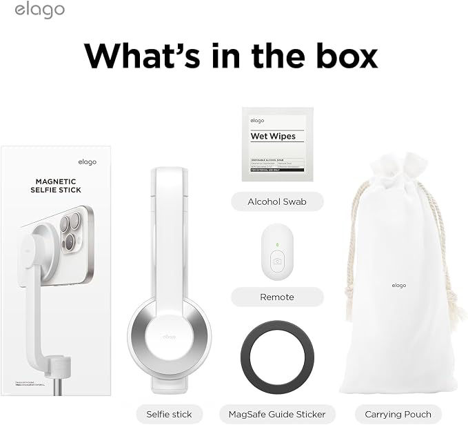 elago Magnetic Selfie Stick Tripod Compatible with MagSafe for iPhone and Galaxy, Strong Magnetism, Portable, Lightweight, Extendable [Pouch, Bluetooth Remote, Guide Sticker Included] [White]