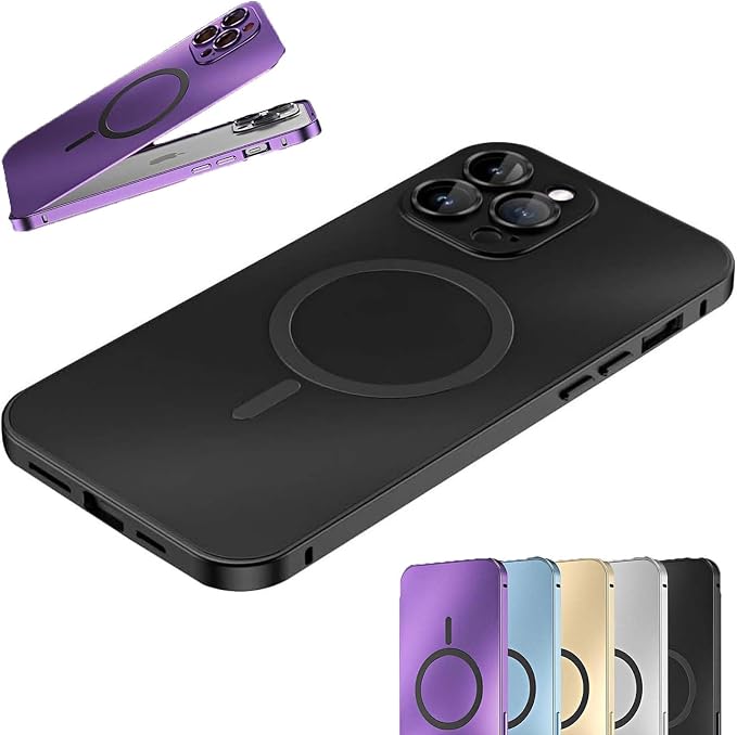 Magnetic Charging Aluminum Metal Bumper Matte Shell for iPhone, Anti-Collision Matte Snap-On Phone Case, for iPhone 16/15/14/13/12 Pro Max (Black,15)
