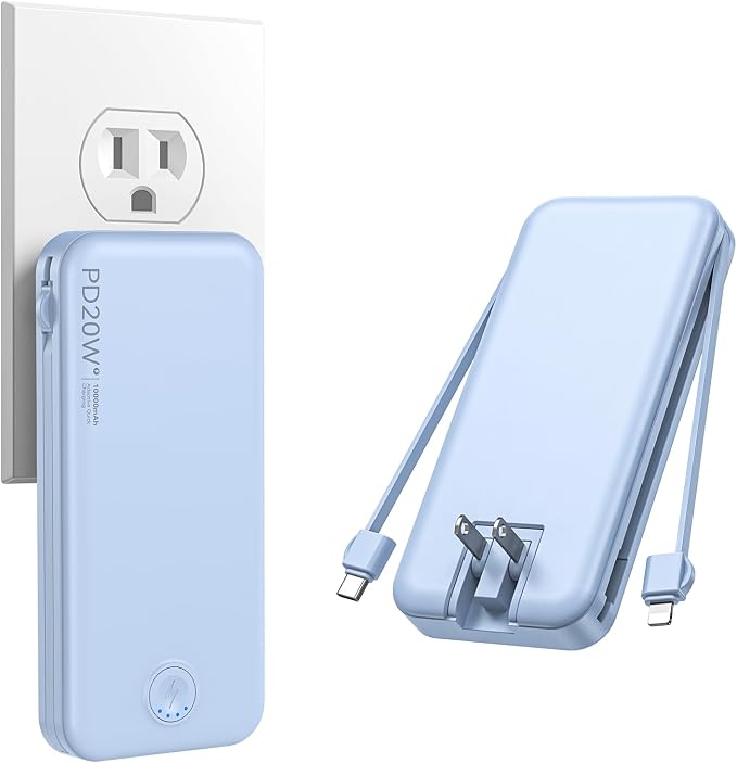 Nusyddy Portable Charger 10000mAh PD20W w/Built-in Cables & Wall Plug Blue | PD20W Fast Charging, Battery Indicator, Pass Through Charging, TSA Approved, Compact/Slim, Power Bank for iPhone/iPad/Samsung