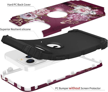 Hocase for iPhone 13 Pro Case, Heavy Duty Shockproof Protection Soft Silicone Rubber+Hard Plastic Bumpers Hybrid Protective Case for iPhone 13 Pro 6.1" 2021 - Royal Purple Flowers