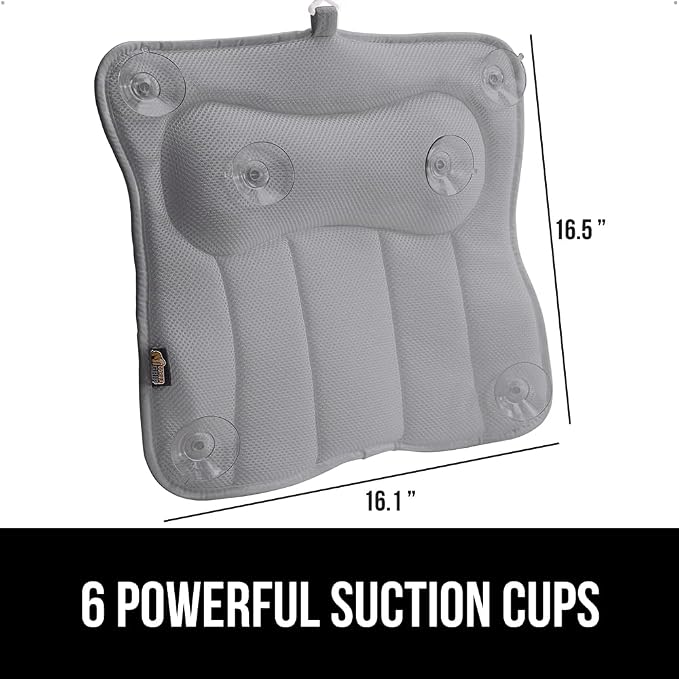 GORILLA GRIP Bath Pillow for Tub, 6 Strong Suction Cups, 4D Mesh FlexComfort Headrest for Neck, Head and Back Support, Luxury Machine Washable Pillows, Bathtub Accessories, Spa Gifts for Women, Gray