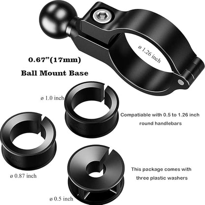 Bike Handlebar Mount, Aluminum Alloy Clamp Mounts Base Ball Adapter with 0.67"(17mm) TPU Ball for Round Rails, Compatible with RAM Mounts Ball Socket Arm