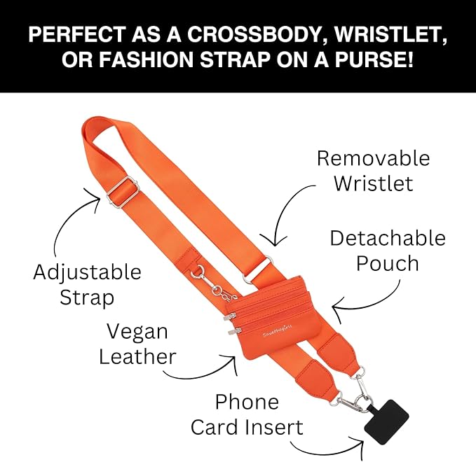 Save the Girls Clip and Go Phone Strap Solid (Orange - Orange Pouch) - Crossbody Phone Strap Chain with Zipper Wallet Pouch – Phone Lanyard with Zippered Pouch
