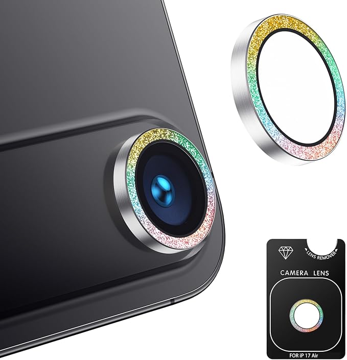 AFARER Lens Protector for iPhone 17Air–Individual Metal 9H Tempered Glass Rear Camera Screen Cover,[Strong Adsorption] [Not Easy to Break][Does not Affect Night Shots] Case Friendly (Glitter Colorful)