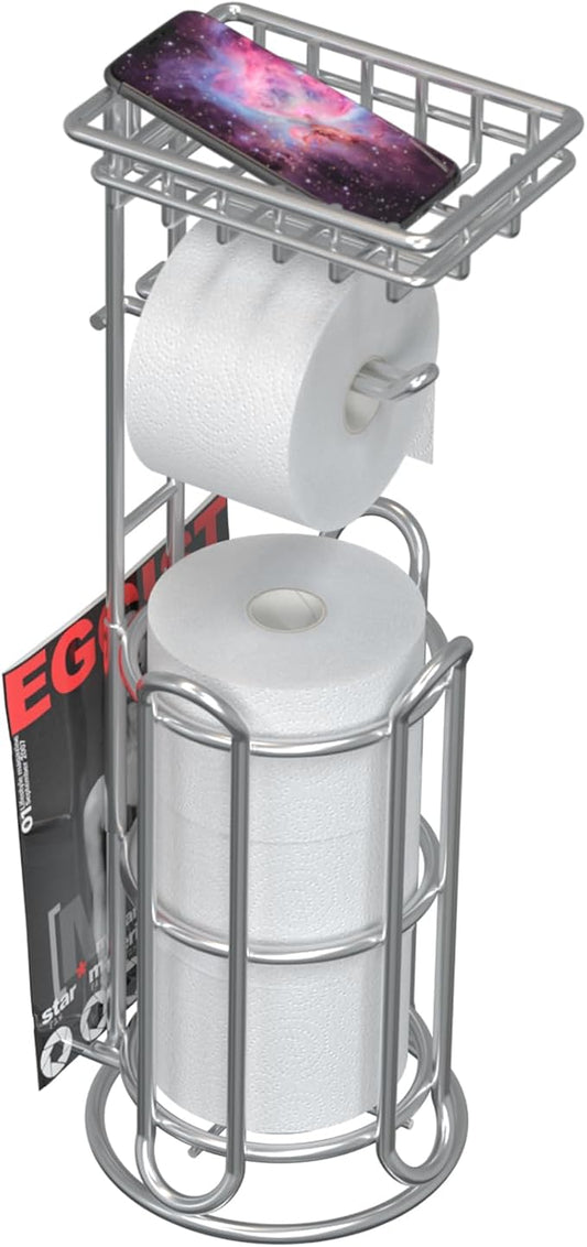 Mega Roll Toilet Paper Holder Stainless Steel Bathroom Tissue Holder Stand TP Dispenser with Phone/Wipe Shelf & Magazine Rack Free Standing-Chrome