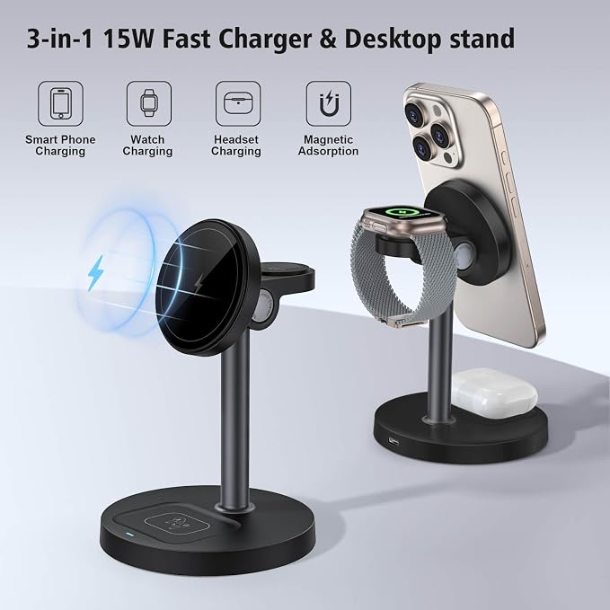 3 in 1 Magnetic Wireless Charging Station, 15W Fast Charger Stand for iPhone, Phone Charger Stand for Desk Nightstand, for iPhone 17/16/15/14/13/12, Apple Watch & AirPods, 18W Adapter Included -Black