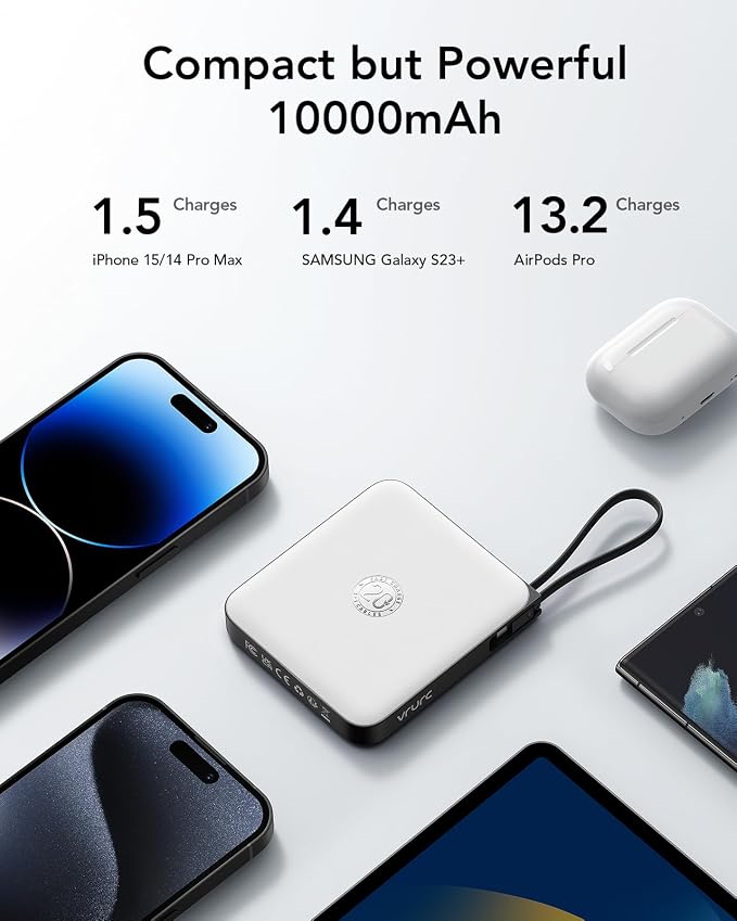 VRURC Portable Charger with Built-in Cable, 10000mAh 22.5W Fast Charging USB C Battery Pack, Cell Phone Power Bank for iPhone 17 16 15 Series Android Tablet (White)
