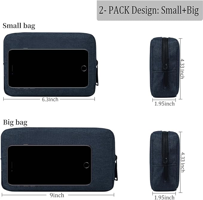 CAAORDKSO Electronic Organizer Accessory Pouch, Travel Electronic Accessories Storage Case Cable Organizer Bag for MacBook Charger, Power Bank, Hard Drive, Cords, Laptop Mouse (Small+Big, Navy Blue)