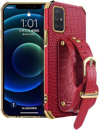 Leather Case Compatible with Samsung Galaxy S20 Ultra Phone Cases with Adjustable PU Wrist Strap Kickstand TPU Bumper Cover Shockproof Protective Running Armband Cool 6D Plating Shell(Red)