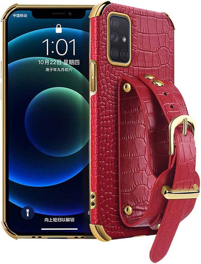 Leather Case Compatible with Samsung Galaxy S21 Phone Cases with Adjustable PU Wrist Strap Kickstand TPU Bumper Cover Shockproof Protective Running Armband Cool 6D Plating Shell(Red)