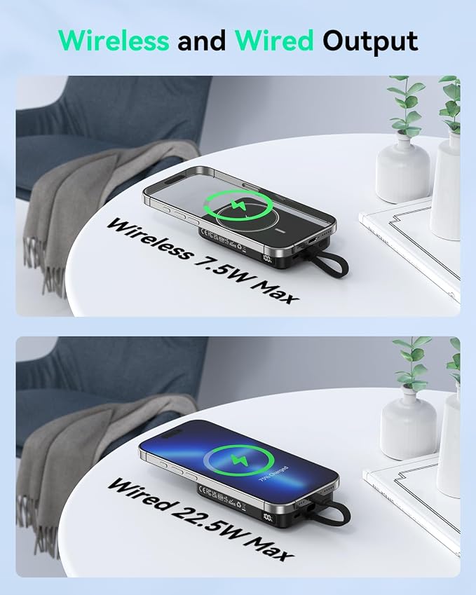 GREPRO Magnetic Portable Charger Power Bank,10000mAh Battery Pack for Magsafe,22.5W Fast Charging Power Bank with Built in USB C Cable,LCD Display,Wireless Charger for iPhone 17/16/15/14/13/12 Series