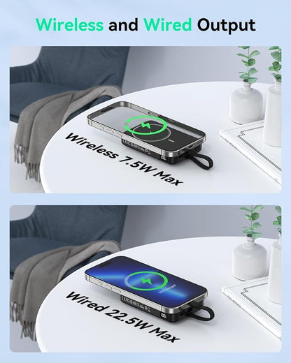 GREPRO Magnetic Portable Charger Power Bank,10000mAh Battery Pack for Magsafe,22.5W Fast Charging Power Bank with Built in USB C Cable,LCD Display,Wireless Charger for iPhone 17/16/15/14/13/12 Series