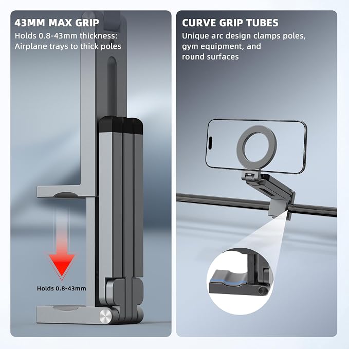 Magnetic Tripod for iPhone, Airplane Phone Holder for MagSafe Selfie Stick Adapter Travel Foldable Clip Clamp Plane Desktop Stand for iPhone 17 16 15 14 13 12 Pro Max Mini Accessories