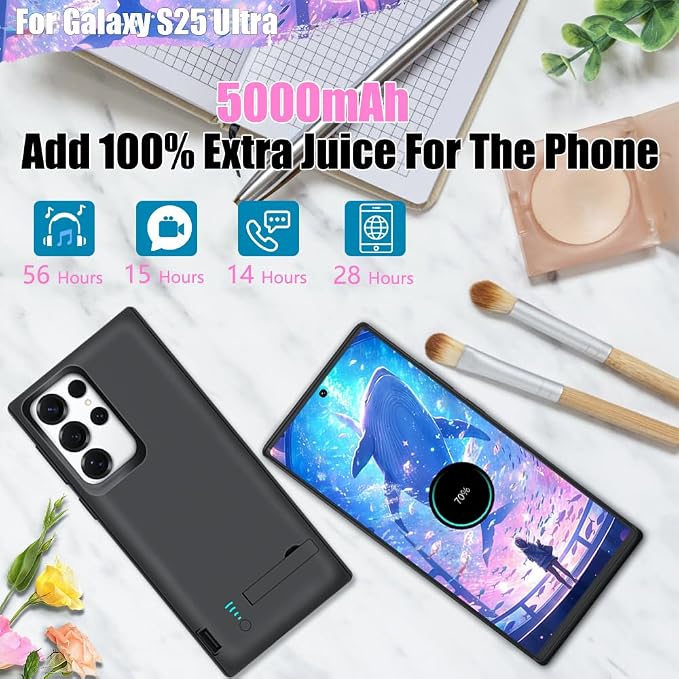 Sitong Battery Case for Samsung Galaxy S25 Ultra, 5000mAh Rechargeable Extended Battery Charging Charger Case, Add 100% Extra Juice (6.9 Inches) Black