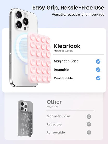 Klearlook Magnetic Suction Phone Mount for MagSafe Case, Silicone Sticky Phone Grip Holder for iPhone 16/15/14/13/12 Series, Removable Hands-Free Video/Selfie, Women Girl Teen Gift, Light Pink