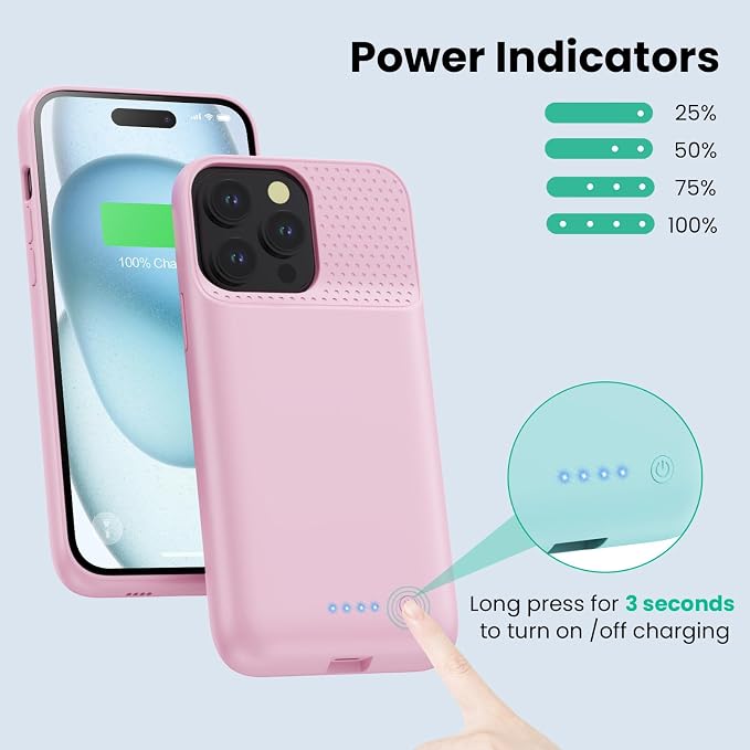 Battery Case for iPhone 15 Pro Max,Powerful 8600mah Ultra-Slim Protective Charging Case,15W Fast Charging Portable Rechargeable Expandable Battery Charger Cover for iPhone 15 Pro Max(6.7inch)-Pink