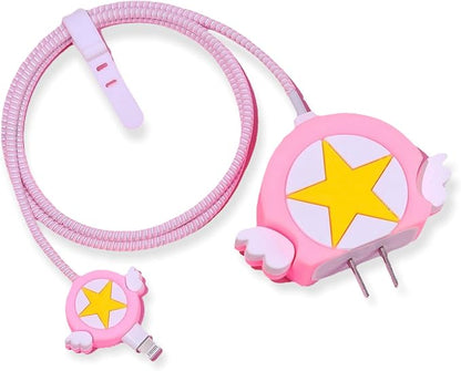 AUGEN Polyvinyl Chloride Cartoon 3D Design Protective Case for 20W iPhone USB-C Power Adapter Charger, Cute Cartoon Lightning Data Cable Case for iPhone Charger (Pink Star, Pack of 1)