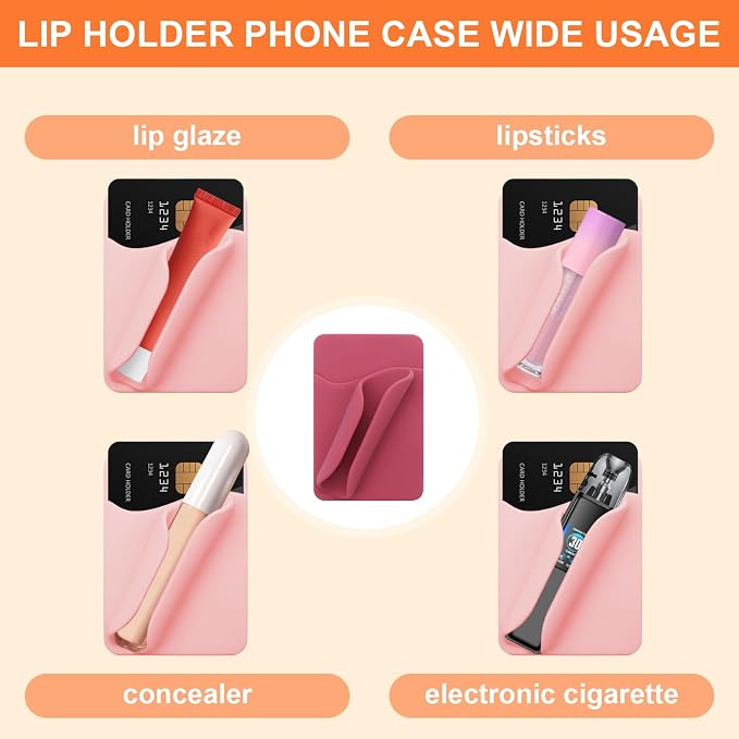 Lip Gloss Holder Phone Case,Silicone Lip Holder with Card Holder,Protective Lip Gloss Case with Adhesive Holder for Most Phone Models(Pink)