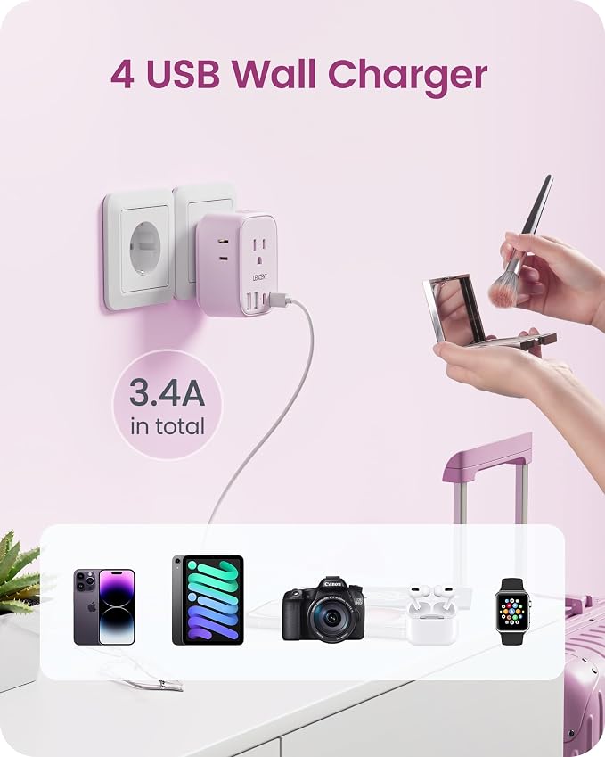 LENCENT European Travel Plug Adapter US to Europe Type-C Foldable Plug | with 4 Outlets 4 USB Ports (2 USB C), Power Adaptor for USA to EU Euro Iceland Spain Italy France Germany Greece, Pink