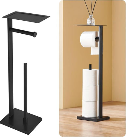Freestanding Toilet Paper Holder Stand – Stainless Steel Bathroom Tissue Holder with Storage Tray & Roll Organizer, Square Design (Matte Black)