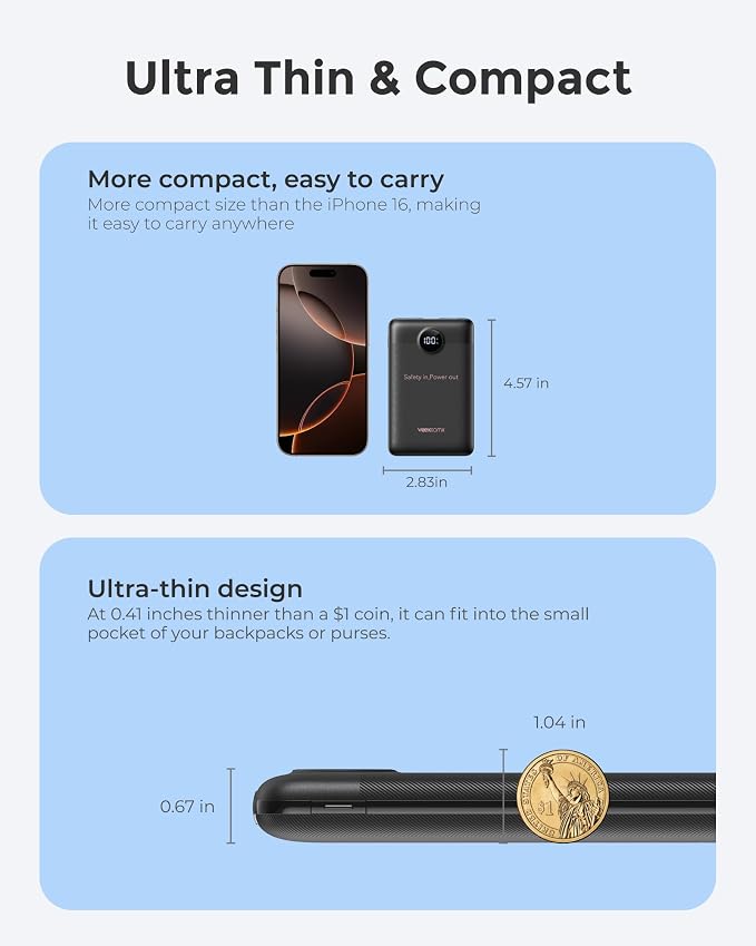 VEEKTOMX Small Portable Charger 10000mAh (Not Magnetic) | Built-in Cables, 22.5W Fast Charging USB-C Battery Pack, TSA Approved Travel Charger for iPhone, Samsung, Android