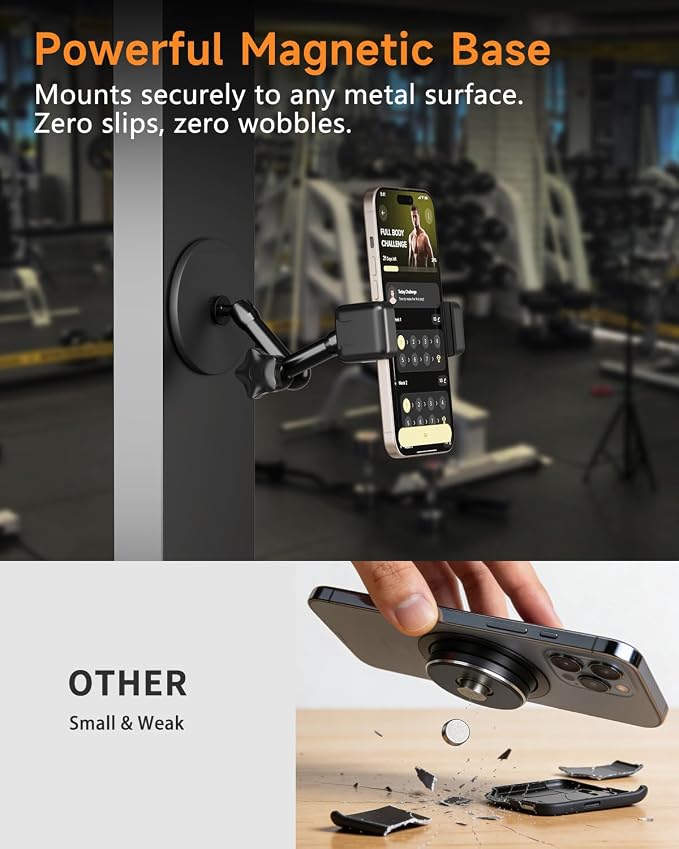 Magnetic Phone Holder for Gym - Heavy Duty Gym Phone Holder Magnet with Strong Magnetic Force, Attach to Metal Surfaces, 360°Adjustable Arm, Compatible with 4"-7" Smartphones