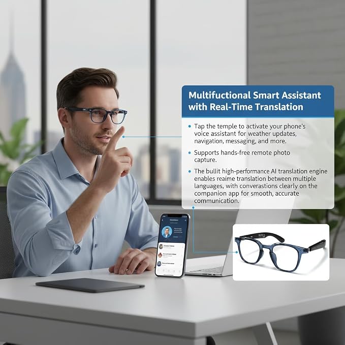 AI Smart 5.4 Bluetooth Glasses with Open Ear Speaker, Voice Assistant Compatible,Real-Time Translation,Auto Color-Changing Lenses for Business&Outdoor Activities.
