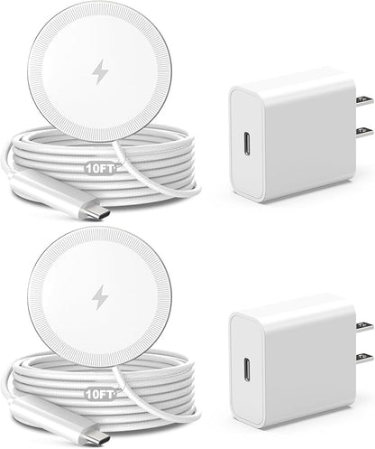 10FT Magnetic Wireless Charger Charging Pad - 15W Qi Fast Phone Charger Puck for Apple iPhone 17 16 15 14 13 12 Series & AirPods 4 3 2 Pro, Phone Charging Pad with Plug for Desk & Travel, 2Pack White