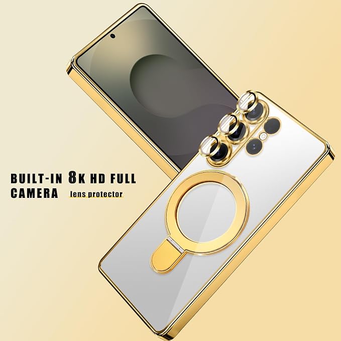 Magnetic for Samsung Galaxy S24 Ultra Case Stand & Ring Holder Compatible with MagSafe Built-in Camera Lens Protector Phone Case for Samsung S24 Ultra - Gold